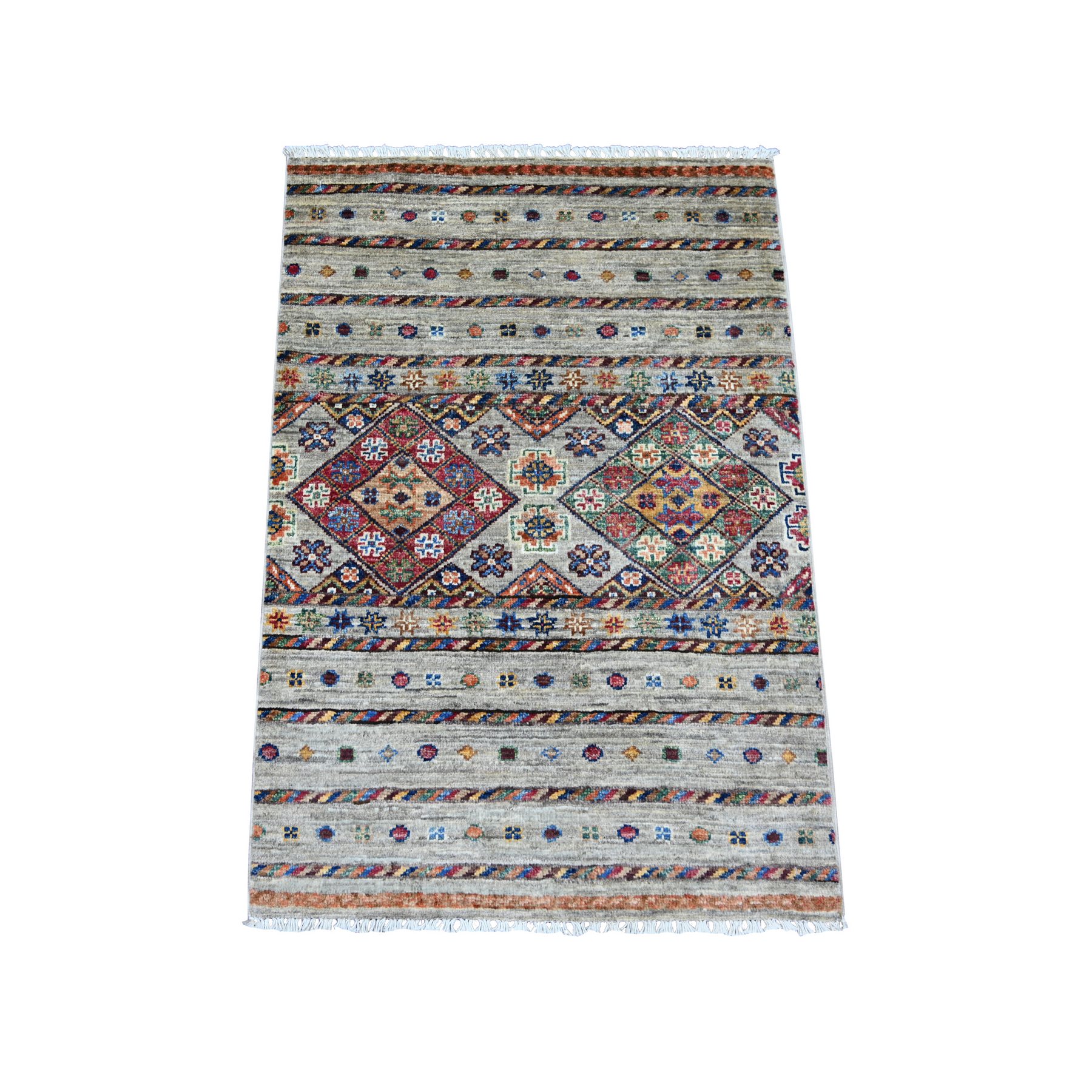 Stone Gray, Afghan Super Kazak with Khorjin Design, Soft and Shiny Wool, Hand Knotted, Vegetable Dyes, Sample, Mat, Oriental Rug